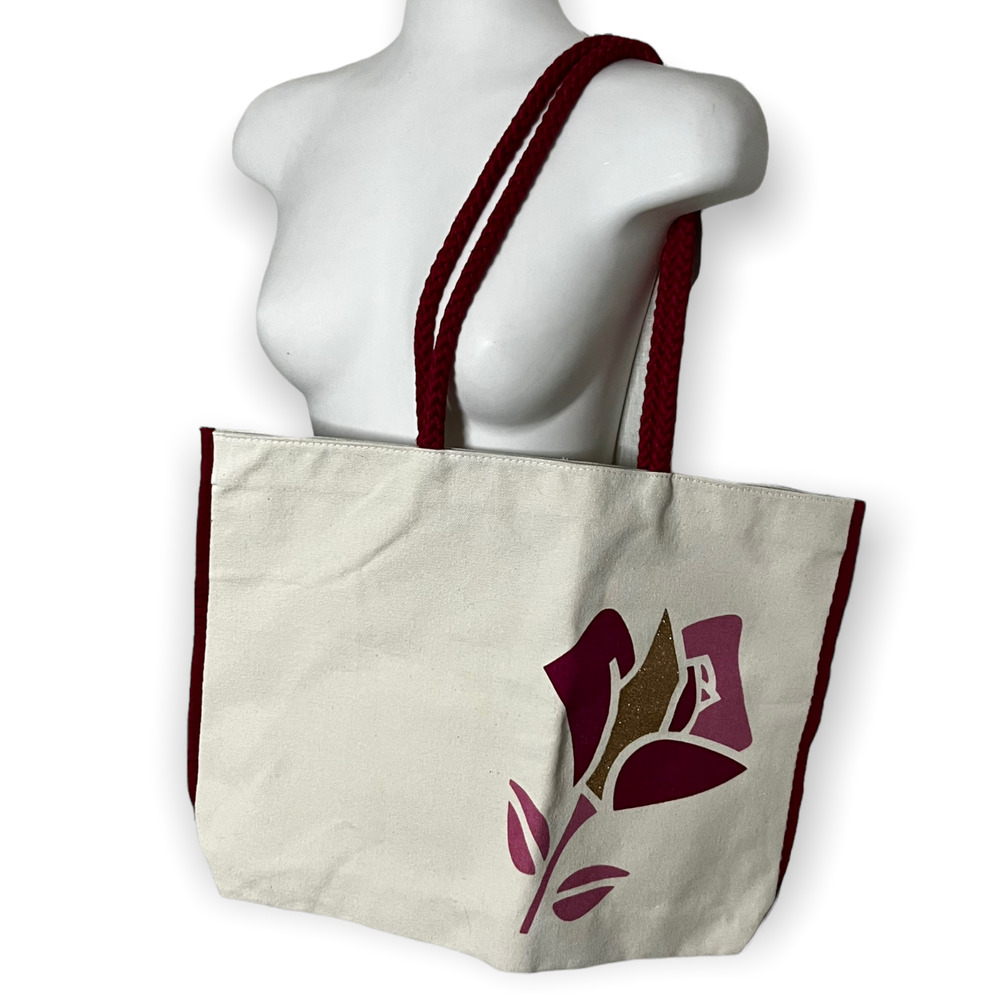 Lancome Paris Off-White & Pink Canvas Tote Bag with Gold & Pink Rose Logo